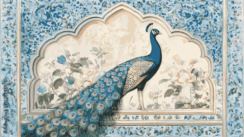 Islamic Mughal garden mosque arch peacock plant botanical landscape illustration. Mugha garden at night with peacock, parrot, plant and botanical tree landscape illustration pattern. 