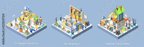 Education isometric design. Concept of learning and reading books. Perfect for training courses, tutorials, and lectures. Vector Illustration.
