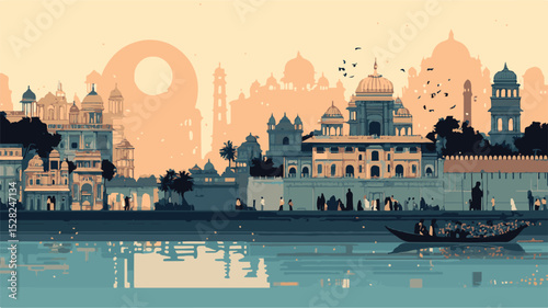 Colorful Islamic Festival Celebration on Riverfront – Traditional Boats, Historical Architecture, and Cultural Cityscape Illustration for Eid, Ramadan, or Hari Raya Themes.