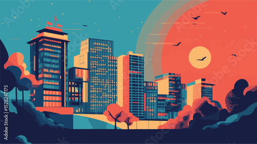 Colorful Islamic City Skyline Vector – Middle Eastern Architecture with Domes and Minarets. Middle Eastern cityscape desert skyline minarets domes palm trees sand dunes blue sky modern flat design.