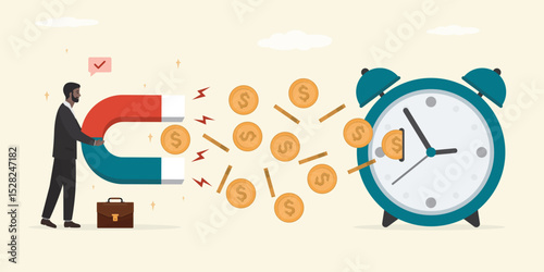 Time to make money. Businessman uses magnet to attract money from watch. Effective financial management and quick return of investments with profit