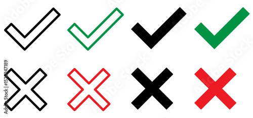 Set of tick mark in green and cross mark in red colour and stroke with white background, check and cross mark icon set. checkmark and x mark icon use for apps and website. checkmark, black stroke icon