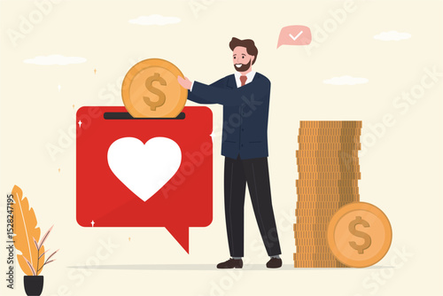 Businessman putting coin speech bubble with heart icon. Buying or investing in social media. Payment for social media positive and negative feedback. Buying reviews or rating