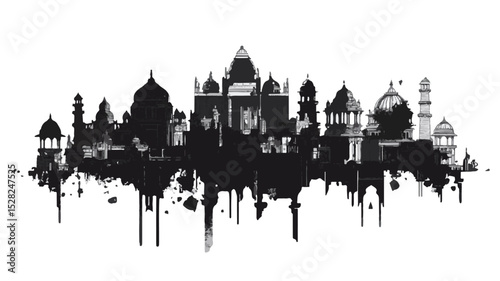 A black and white silhouette of a mosque. Detailed black and white illustration of an Islamic city with mosques. A mosque building silhouette victor isolated on the white background.