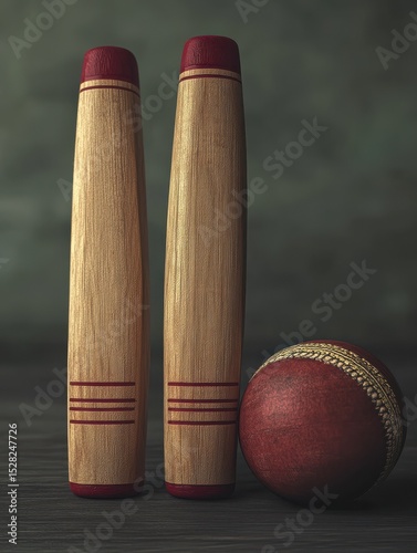 Cricket bat ball and stumps ready for action,
