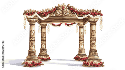  Indian wedding mandap made with wood 4 pillars with Indian. Hindu Temple Mandap, A beautiful illustration of an Indian wedding mandap symbolizing love celebration tradition. 
