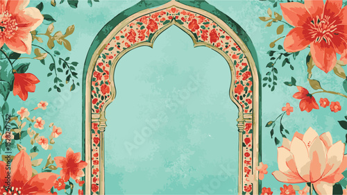 Traditional Mughal Garden Wedding Invitation Frame Design. Vector ornate frame with indian or arabesque motif. Template for indian, arabic wedding invitations, oriental holidays. 
