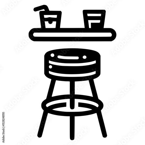 Black and white icon of round bar stool with shelf of bottles, bar interior furniture, modern home or commercial space element
