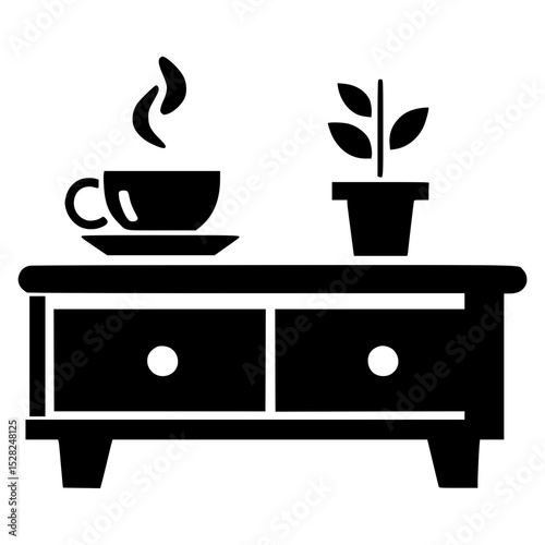 Black and white icon of rectangular coffee table with cup of hot tea and flower vase, cozy living room furniture, minimalist home interior element

