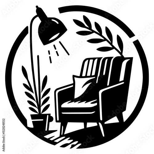 Black and white icon of cozy armchair with floor lamp and indoor plants in circular frame, modern home interior decor element
