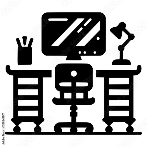 Black and white icon of office desk with swivel chair, computer monitor, and desk lamp, modern workspace furniture, home or office interior element
