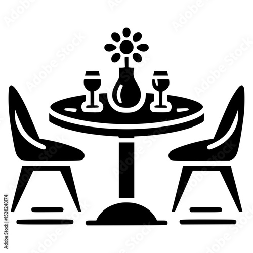 Black and white icon of round table with two modern chairs, vase with flower and two wine glasses on table, contemporary dining room interior element
