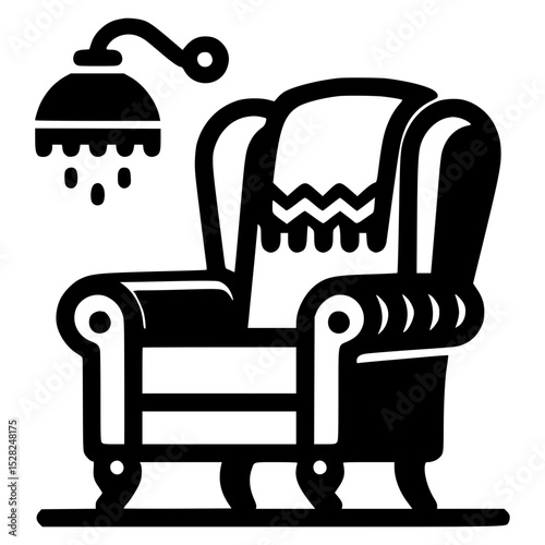 Black and white icon of cozy armchair with wall-mounted lamp, comfortable living room furniture, minimalist home interior decor
