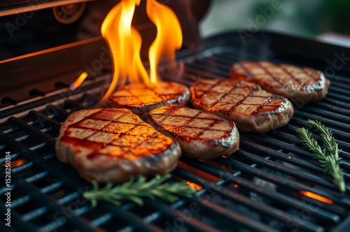 Juicy beef steaks grilling with flames