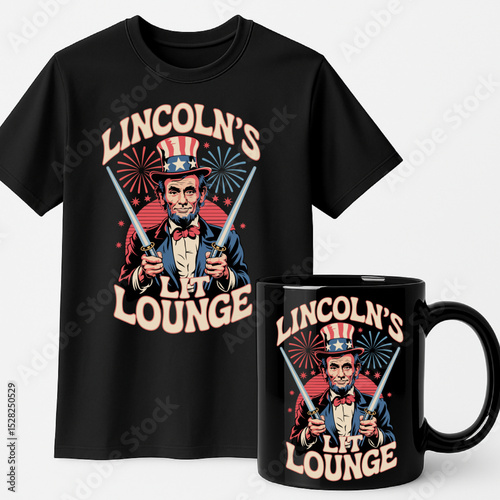 Lincoln’s Lit Lounge Patriotic Fireworks Abraham Lincoln Design – 4th of July Party T-Shirt and Mug