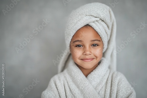 Smiling young girl with towel on her head wearing fluffy robe in cozy indoor space exhibiting joyful innocence and radiant confidence with a touch of playful charm
