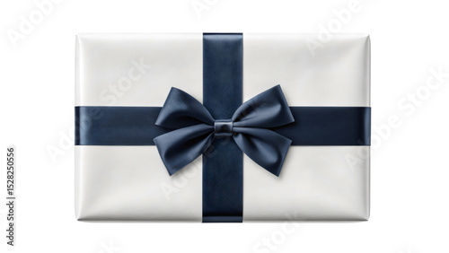 Elegant Wrapped Gift: White Box with a Dark Blue Satin Bow

