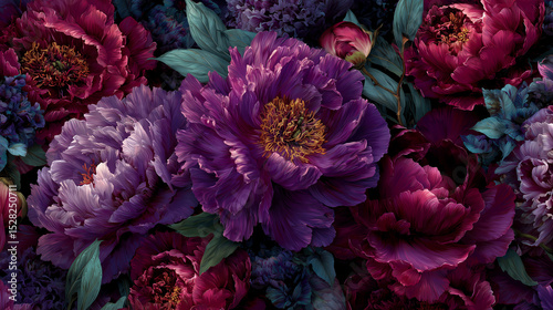 Floral elegance of vivid purples, the image showcases a rich tapestry of peonies in full bloom, evoking feelings of lushness, mystery, and sophistication.
