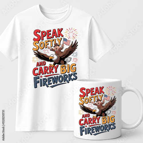 Speak Softly and Carry Big Fireworks Bald Eagle Patriotic Fireworks Design – 4th of July T-Shirt and Mug