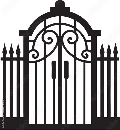 Ornate metal gate silhouette isolated on white background