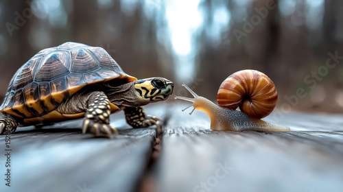 A turtle and a snail share a moment on a wooden surface, symbolizing patience and the diversity of nature's creatures in a peaceful, woodland environment.