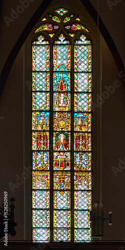 Leipzig, Germany. The stained glass window with portrait of Johann Sebastian Bach in Thomaskirche (St. Thomas Church).
