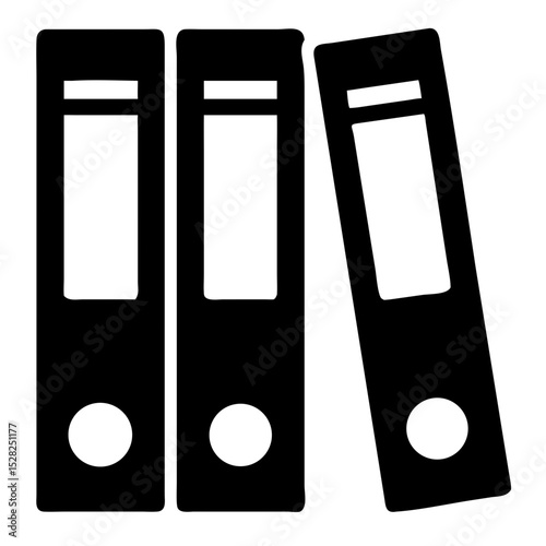 Office folders for document storage and organization. Three black folders stacked on a white background.  Folders represent data management, archiving, and efficient workspace.