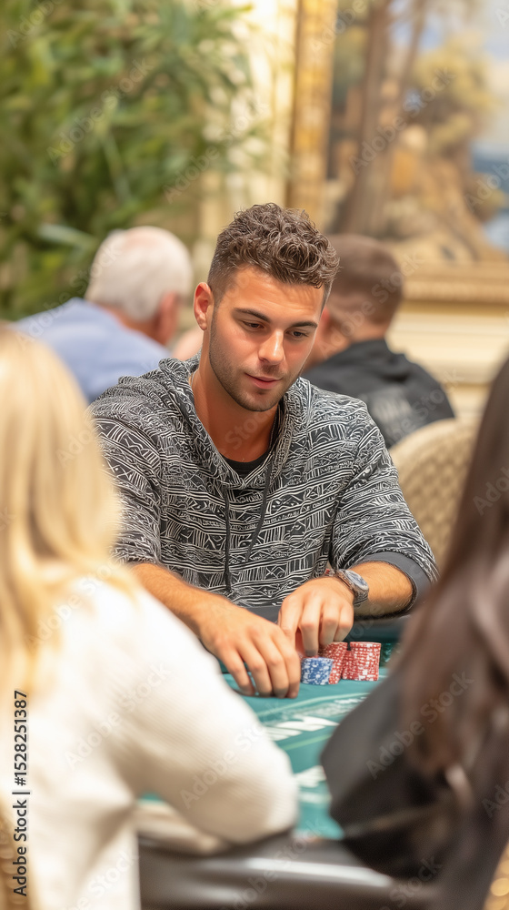 Obraz premium A focused man engages in a serious game of poker, strategizing his next move, captured with the focus and intensity of the game, highlighting the stakes and thrill of the table.