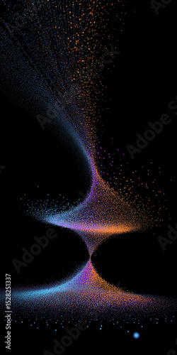 Abstract illustration showcasing a dynamic display of particles converging and swirling, creating a sense of depth and movement with a focus on the interplay of light and dark.