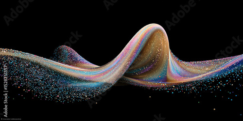 Abstract wave of shimmering, iridescent particles flows in a captivating display of motion. The interplay of light, color, and form creates a mesmerizing and dynamic scene.