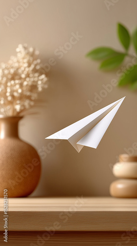 A meticulously crafted paper airplane takes flight, symbolizing aspiration and the pursuit of new beginnings, set against a tranquil, neutral background with a touch of modern aesthetics.