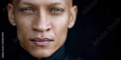 Close-up portrait of a confident male model highlighting unique facial features showcasing intricate line patterns and expressive emotions in a dramatic lighting setting capturing personal