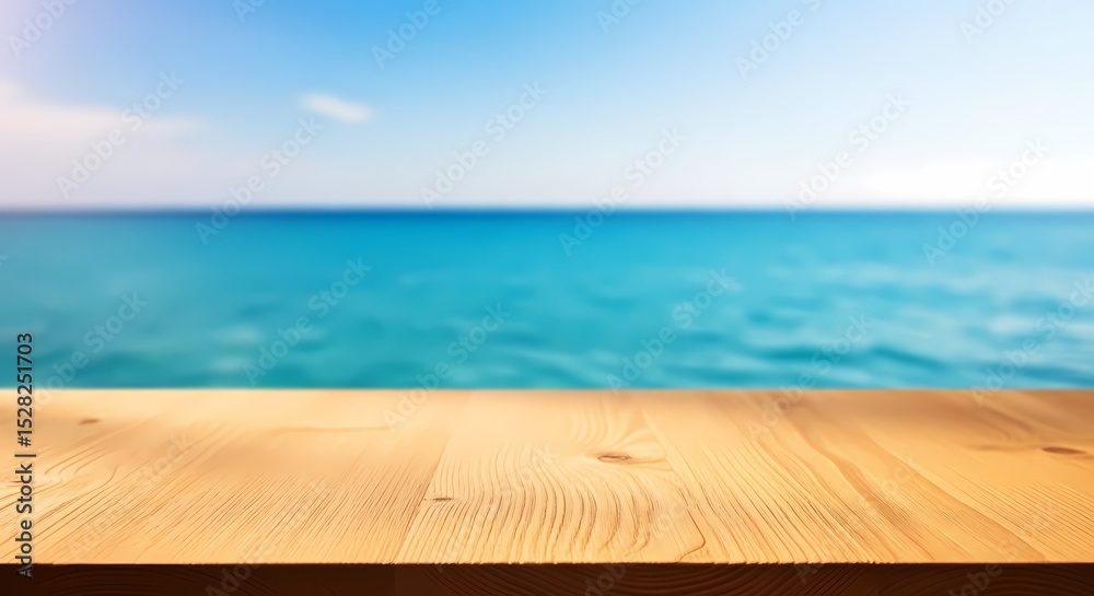 Fototapeta premium Summer Escape: Wooden Tabletop with Ocean View for Product Mockups and Vacation Concepts