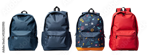 A row of four backpacks with different designs on them.