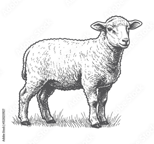 standing sheep in sketch style. Wool, lamb symbol. Farm animal vintage vector illustration