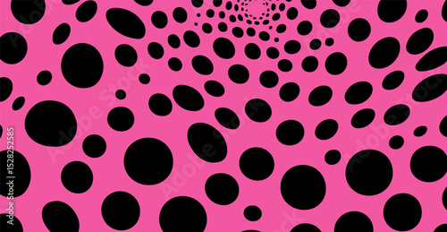 Vector illustration in bold pop art style: swirling black dots of varying sizes on a vivid pink background, forming a hypnotic, optical illusion effect.