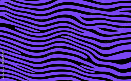 Abstract vector illustration in Y2K style: vibrant purple wavy zebra-like stripes on a black background. This bold, organic pattern fits the lively, trending look in fashion and graphic design.