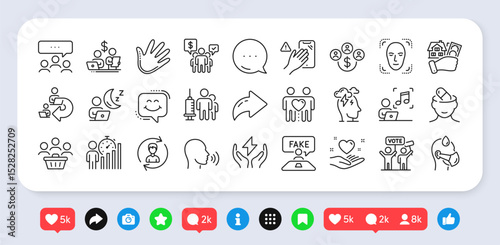 Hand, Dont touch and Friends couple line icons pack. Social media: share, comment, like icons. Meeting, Buying house, Business statistics web icon. Vector