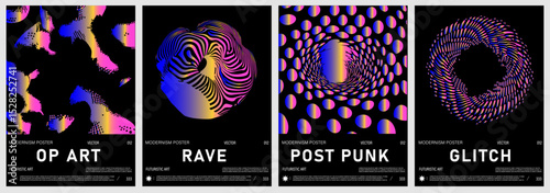 Set of vector posters in popular Y2K and op art style: holographic vibrant gradients on black backgrounds with warped dots, lines, and circular shapes. Trendy graphics with futuristic look.