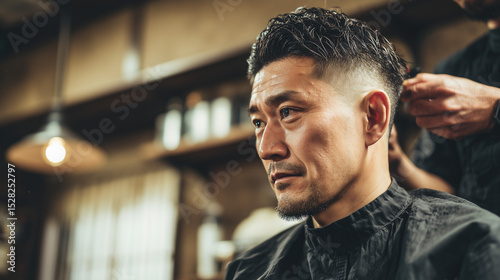 Japanese man 27 yearsold getting a classic scissor haircut from a barber in a minimalist salon photo