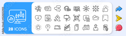 Laptop, Calendar and Networking line icons. Interest rate, AI generate, Inflation icons. Pack of Cloudy weather, Smartphone glass, Engineer icon. Twinkle star, Budget, Talk bubble pictogram. Vector