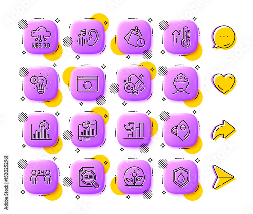 Report document, Web3 and Hearing line icons. App 3d buttons. Social media comment, share, like icons. Pack of Seo idea, Incubator, Report timer icon. Vector