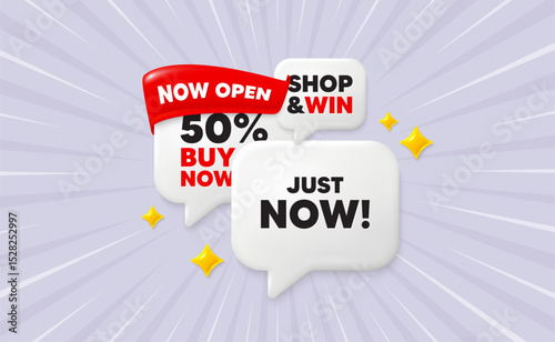Just now speech bubbles. Now open flag ribbon. Just now tag. Special offer sign. Sale promotion symbol. Discount chat bubbles with 3d sparkles. Vector