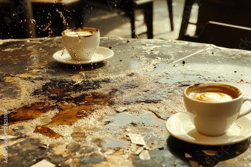 Strong earthquake causes coffee to splash on tables during afternoon at local cafe, Strong Earthquake Shakes Table Splashing Coffee Everywhere