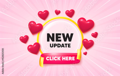 New update sunburst ray banner. Click here flag ribbon. New update icon. Special offer sign. Important information available symbol. 3d hearts glitter. Red ribbon tag. Discount offer. Vector