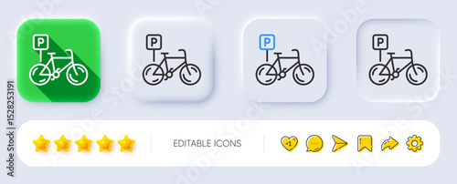 Bicycle parking line icon. Neumorphic, Flat shadow, 3d buttons. Bike park sign. Public transport place symbol. Line bicycle parking icon. Social media icons. Vector