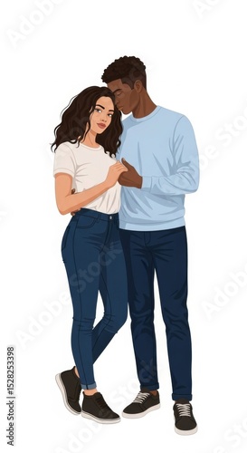 Illustration of a couple holding hands with the man resting his head on her head in a loving way
