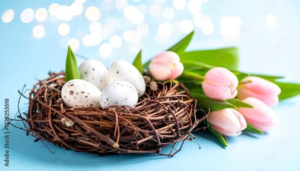 Obraz premium Easter eggs nest tulips spring.