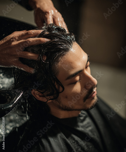 Japanese man 26 years old getting a hair wash at a modern barber sink station