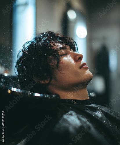 Japanese man 26 years old getting a hair wash at a modern barber sink station